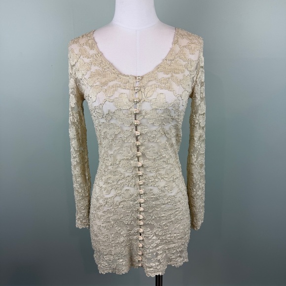 MICHI Dresses & Skirts - Vintage 90’s MICHI Cream Lace pearl buttons Long Sleeve Mini cocktail Dress Med